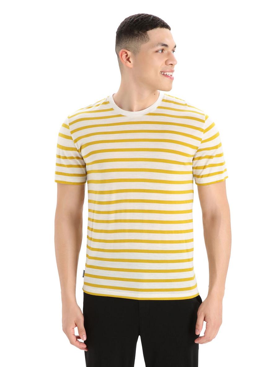 Men\'s Icebreaker Merino Drayden Short Sleeve Stripe T Shirts Ecru Heather / Silent Gold | CA 1762CTVE